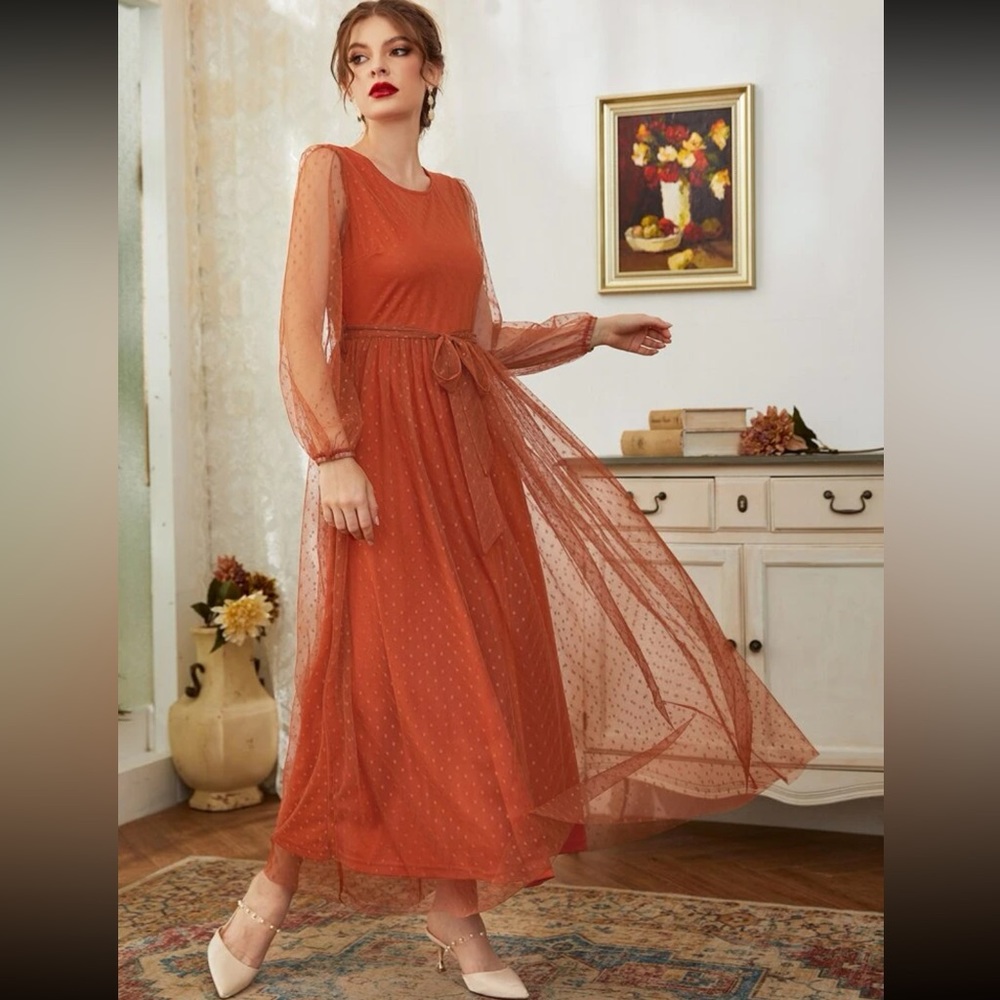 NWOT Rust Polka Dot Sheer Maxi Dress